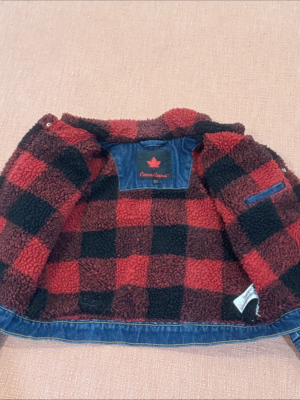 Child / Kids Blue Denim Jacket with Red plaid Sherpa interior & Collar - Picture 3 of 13